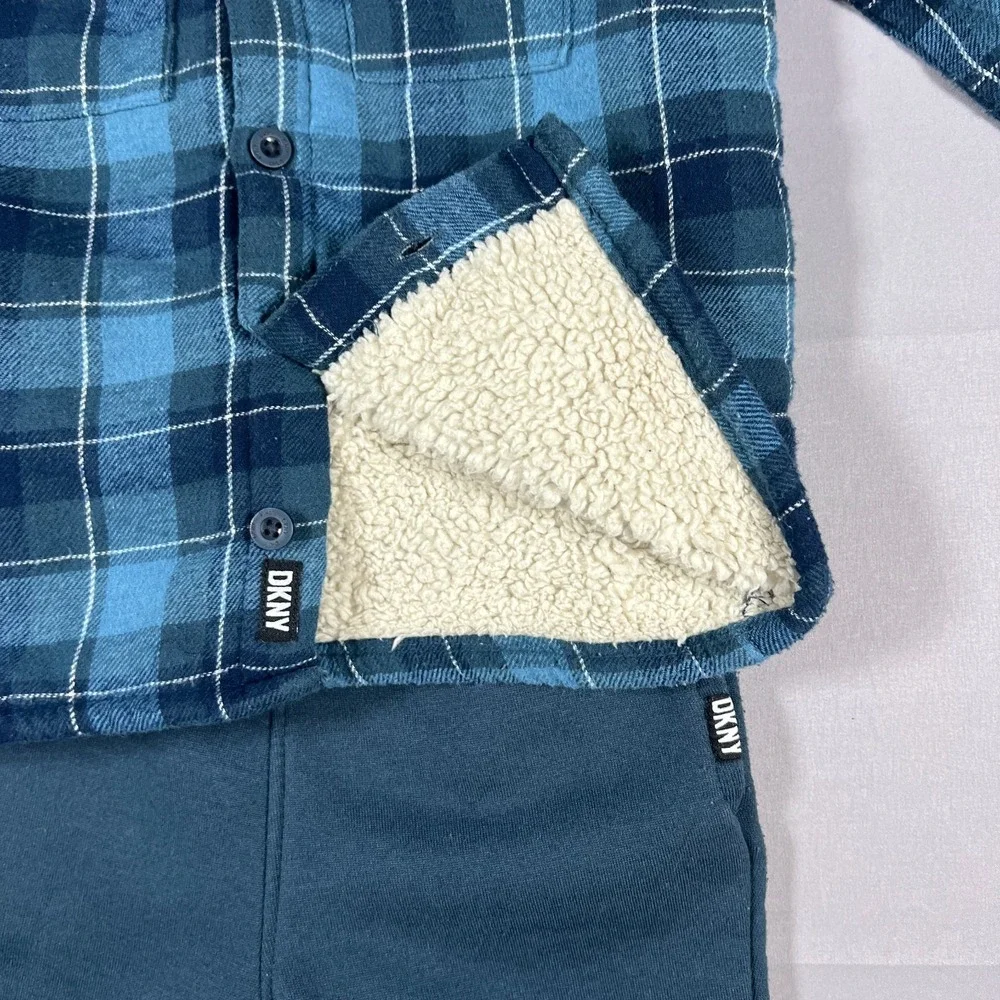 Dkny Outfit Set Kids 24M Blue Plaid Sherpa Lined Hooded Cotton Elastic Waistband